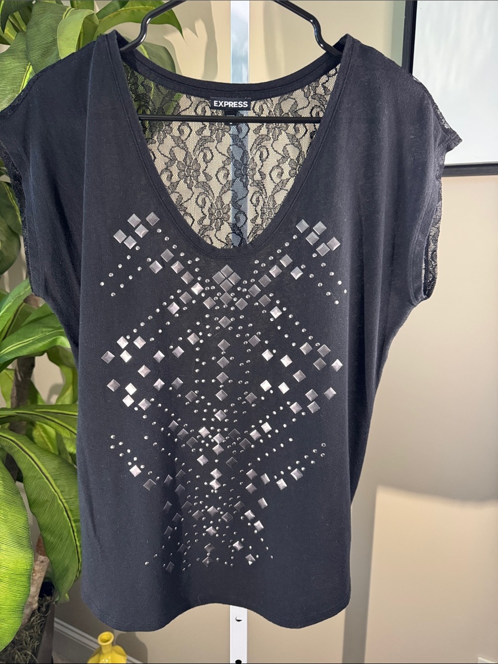 Express Women's Black Studded Lace-Back V-Neck Top, size M